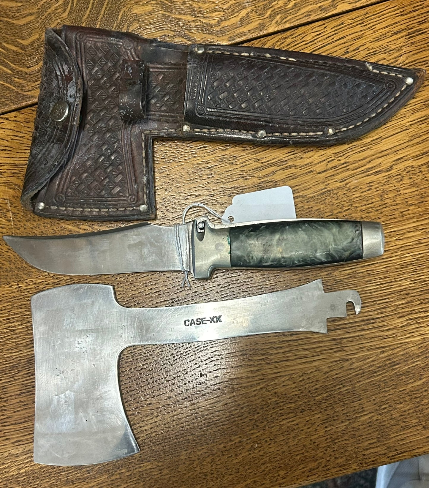 CASE KNIFE AND HATCHET COMBINATION WITH GREEN ONYX HANDLE