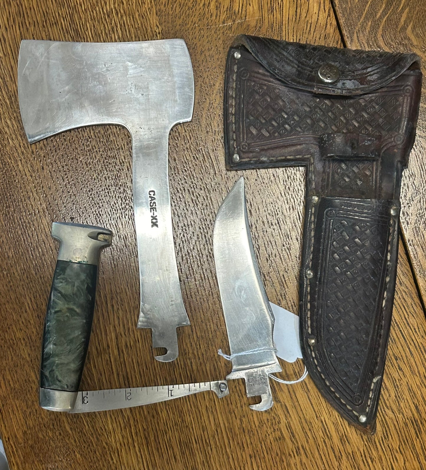 CASE KNIFE AND HATCHET COMBINATION WITH GREEN ONYX HANDLE