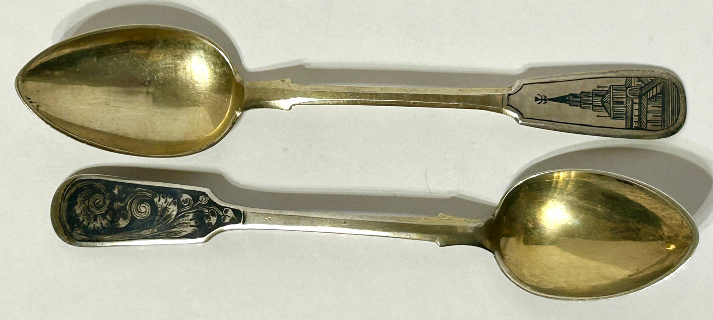 RUSSIAN ANTIQUE SILVER PAIR OF FANCY DECORATED ANTIQUE SPOONS