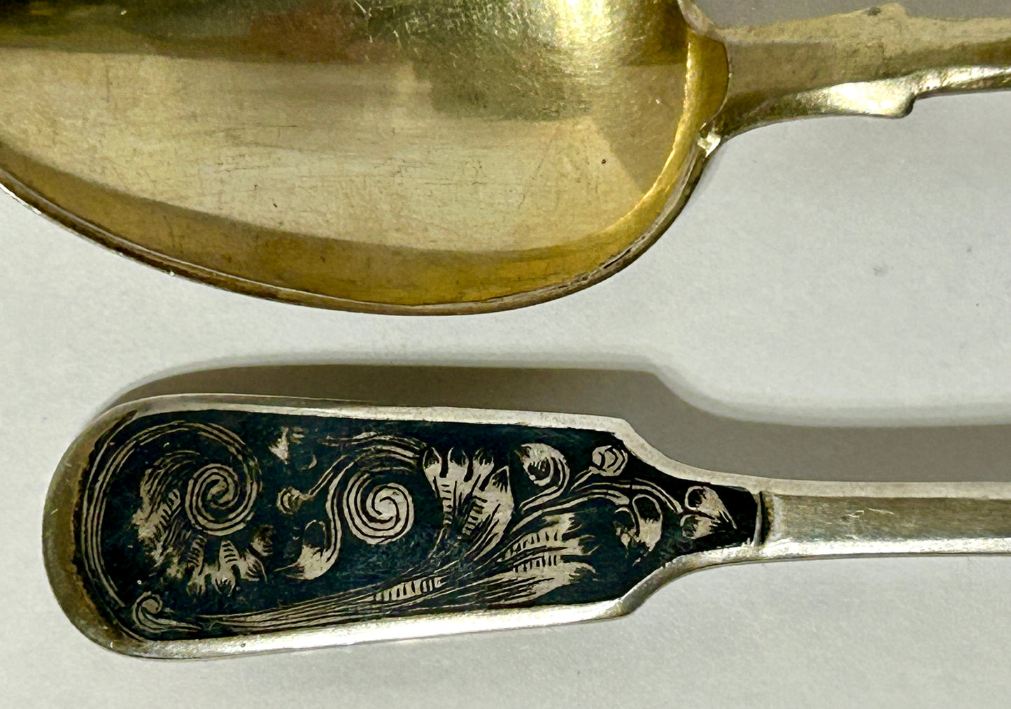 RUSSIAN ANTIQUE SILVER PAIR OF FANCY DECORATED ANTIQUE SPOONS