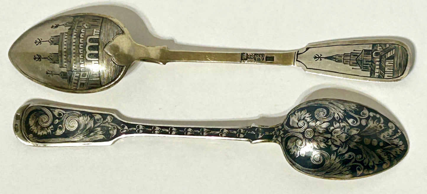 RUSSIAN ANTIQUE SILVER PAIR OF FANCY DECORATED ANTIQUE SPOONS