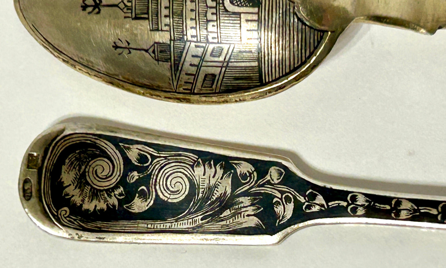 RUSSIAN ANTIQUE SILVER PAIR OF FANCY DECORATED ANTIQUE SPOONS
