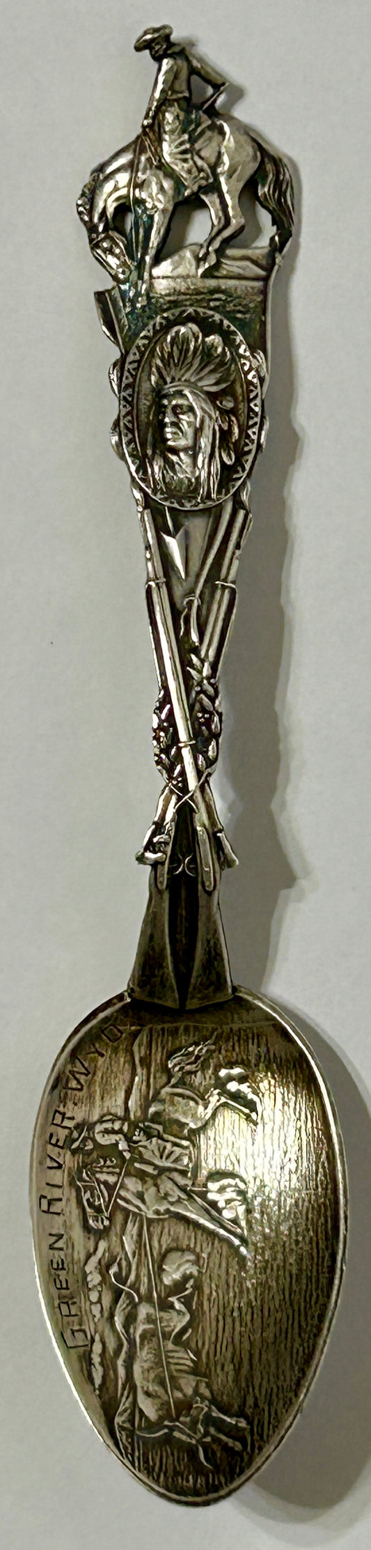 STERLING SILVER COWBOY AND NATIVE AMERICAN FIGURAL SPOON GREEN RIVER WYOMING