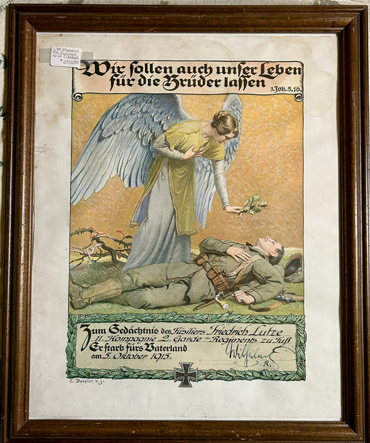 WWI GERMAN SOLDIER MEMORIAL ILLUSTRATED  PRINT FILLED OUT AND DATED 1915