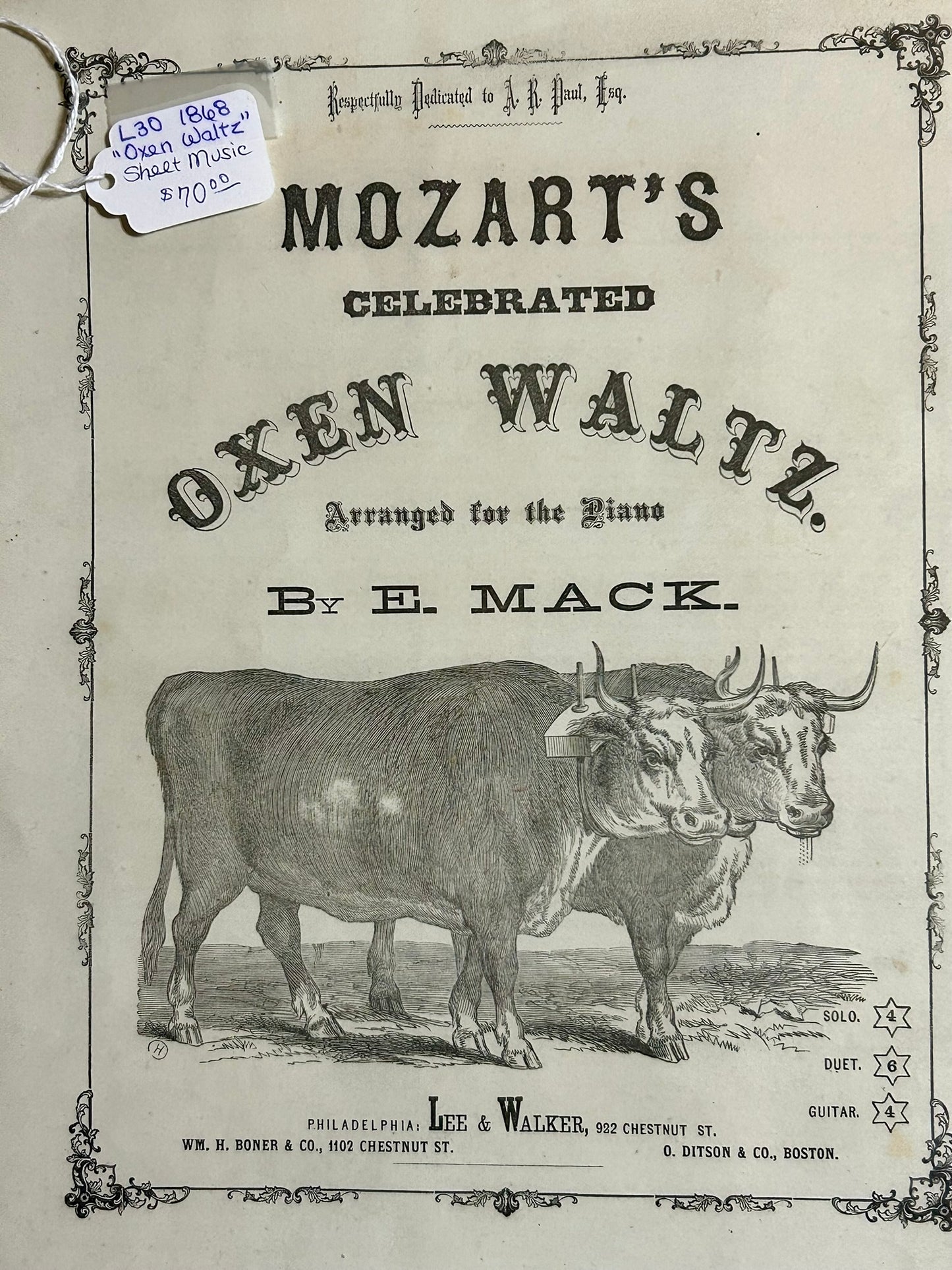 OXEN WALTZ BY MOZART FRAMED MUSIC 1868 WITH GREAT GRAPHICS