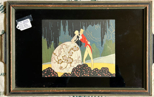 ART DECO TRAY WITH GLASS INSERT OF  GIRL WITH GIGANTIC ROUND SKIRT BESIDE MAN