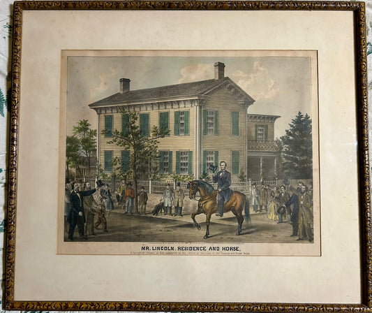 RARE ABRAHAM LINCOLN RESIDENCE AND HORSE 1865 IN SPRINGFIELD TINTED PRINT