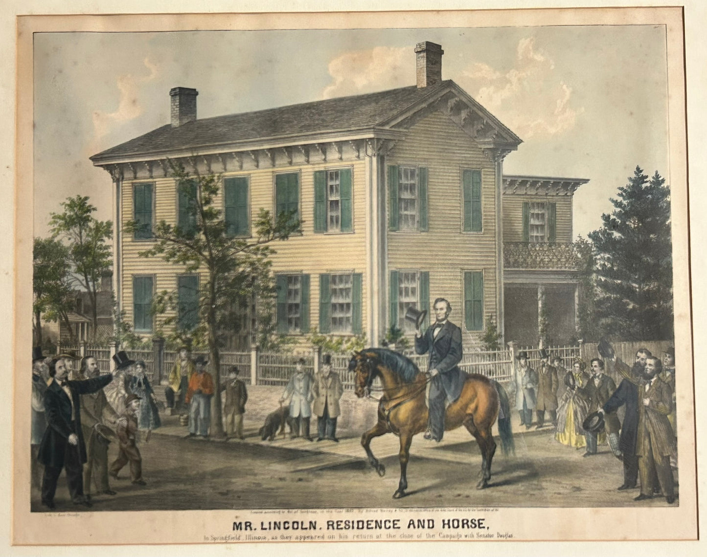 RARE ABRAHAM LINCOLN RESIDENCE AND HORSE 1865 IN SPRINGFIELD TINTED PRINT