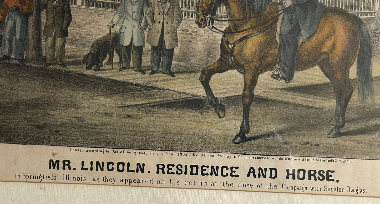 RARE ABRAHAM LINCOLN RESIDENCE AND HORSE 1865 IN SPRINGFIELD TINTED PRINT