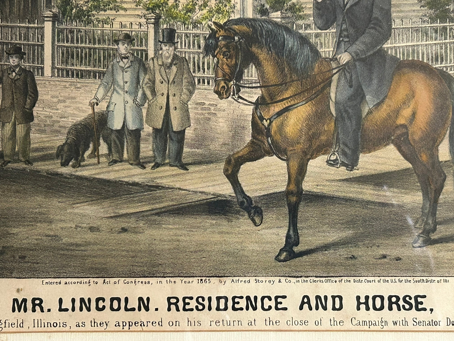 RARE ABRAHAM LINCOLN RESIDENCE AND HORSE 1865 IN SPRINGFIELD TINTED PRINT