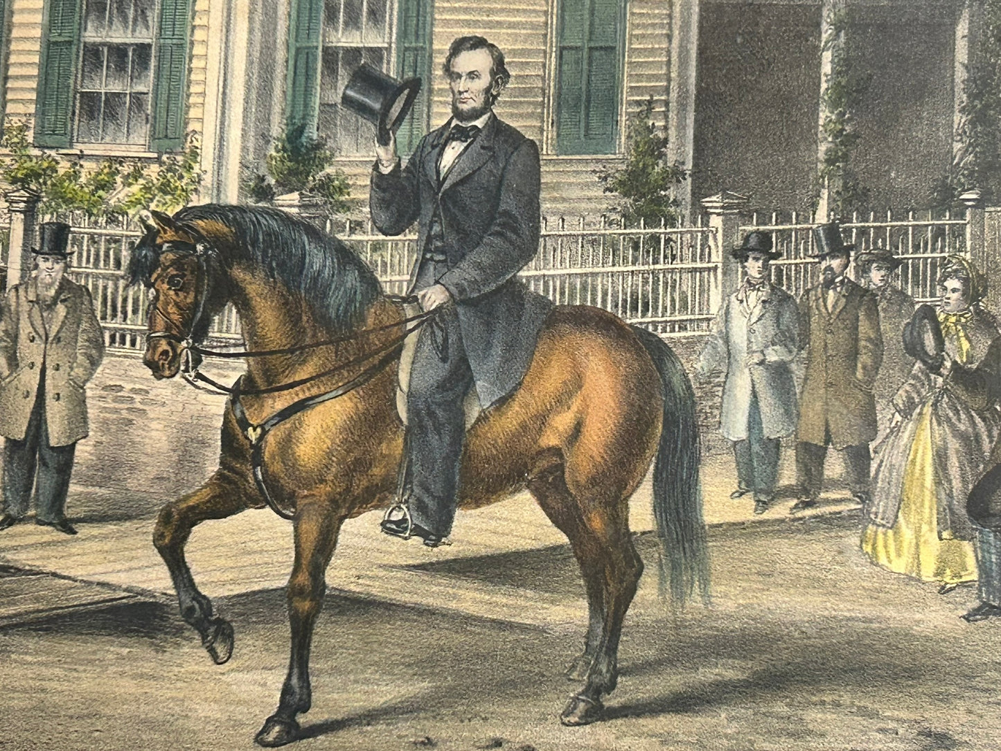 RARE ABRAHAM LINCOLN RESIDENCE AND HORSE 1865 IN SPRINGFIELD TINTED PRINT