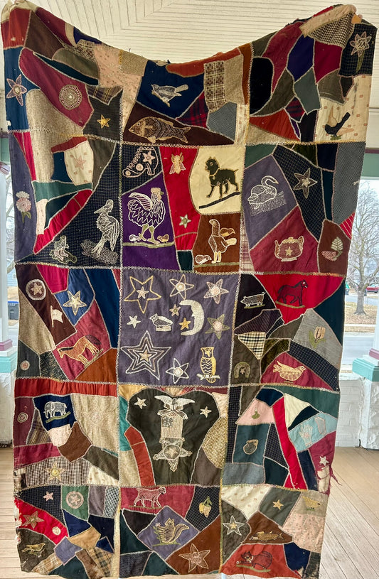 FOLK ART ANTIQUE CRAZY QUILT WITH FANTASTIC FIGURAL SQUARES
