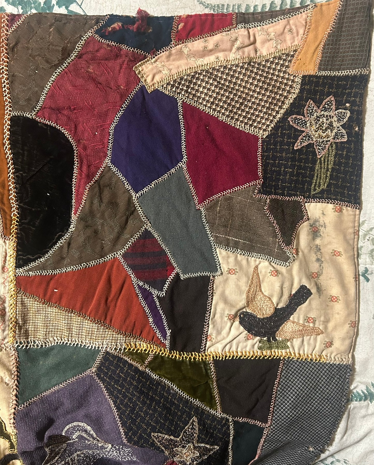 FOLK ART ANTIQUE CRAZY QUILT WITH FANTASTIC FIGURAL SQUARES
