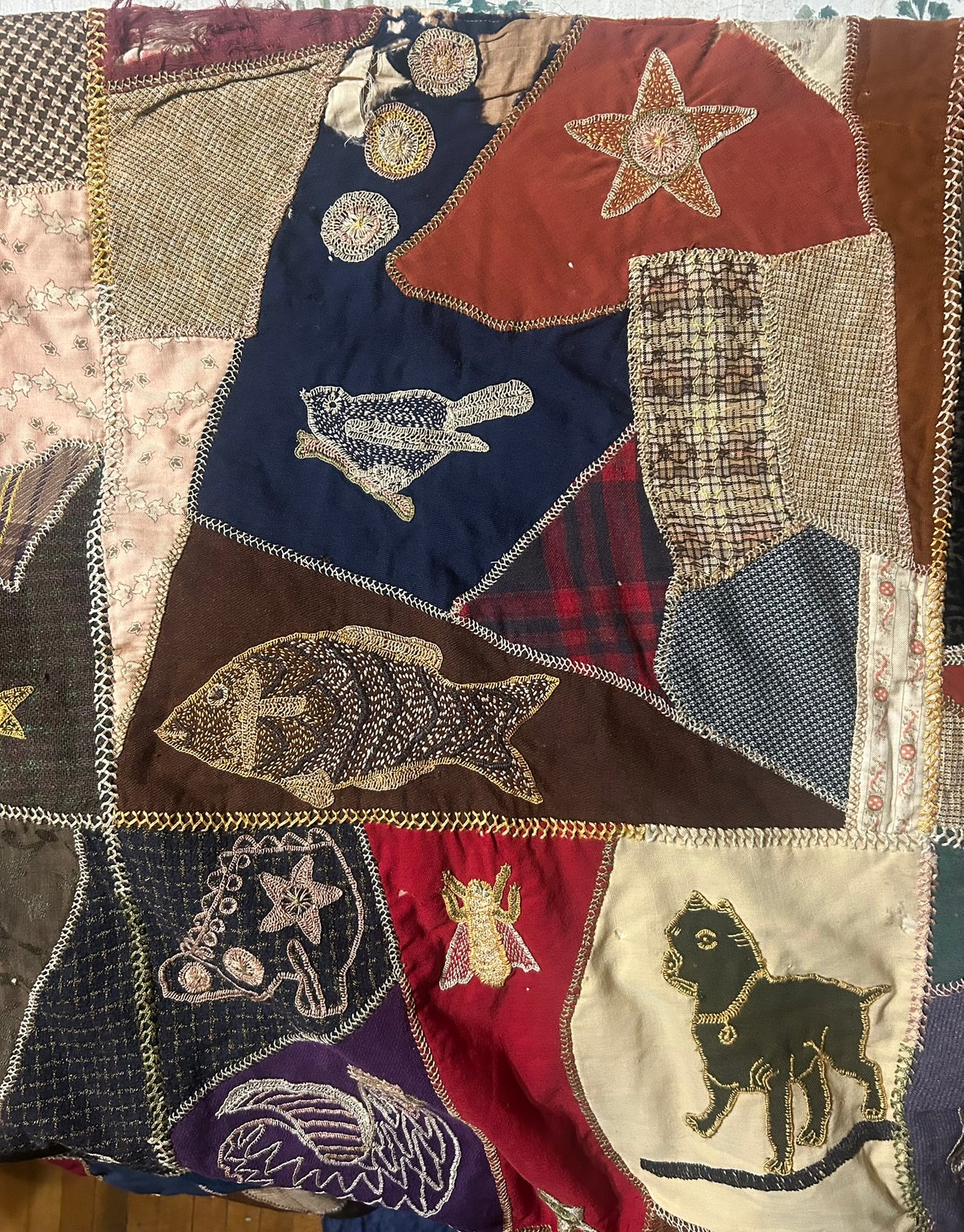 FOLK ART ANTIQUE CRAZY QUILT WITH FANTASTIC FIGURAL SQUARES