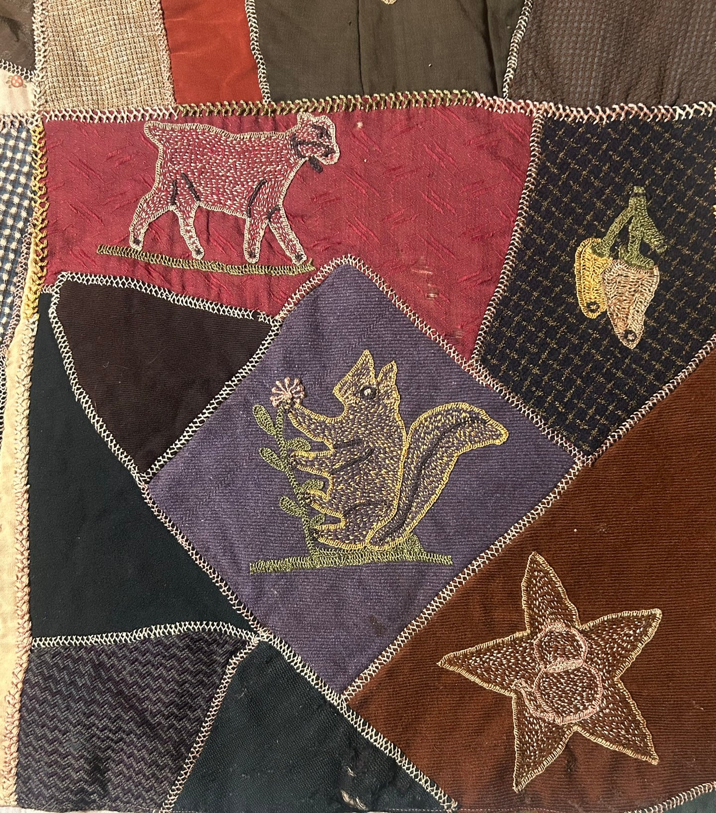 FOLK ART ANTIQUE CRAZY QUILT WITH FANTASTIC FIGURAL SQUARES