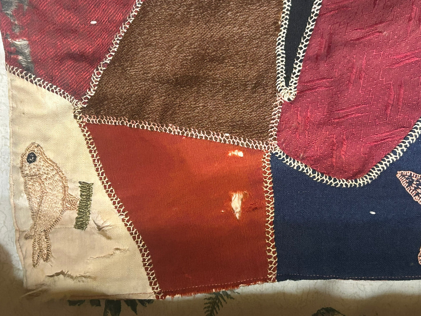 FOLK ART ANTIQUE CRAZY QUILT WITH FANTASTIC FIGURAL SQUARES
