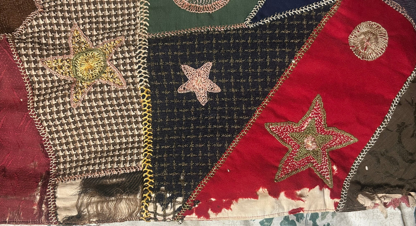FOLK ART ANTIQUE CRAZY QUILT WITH FANTASTIC FIGURAL SQUARES
