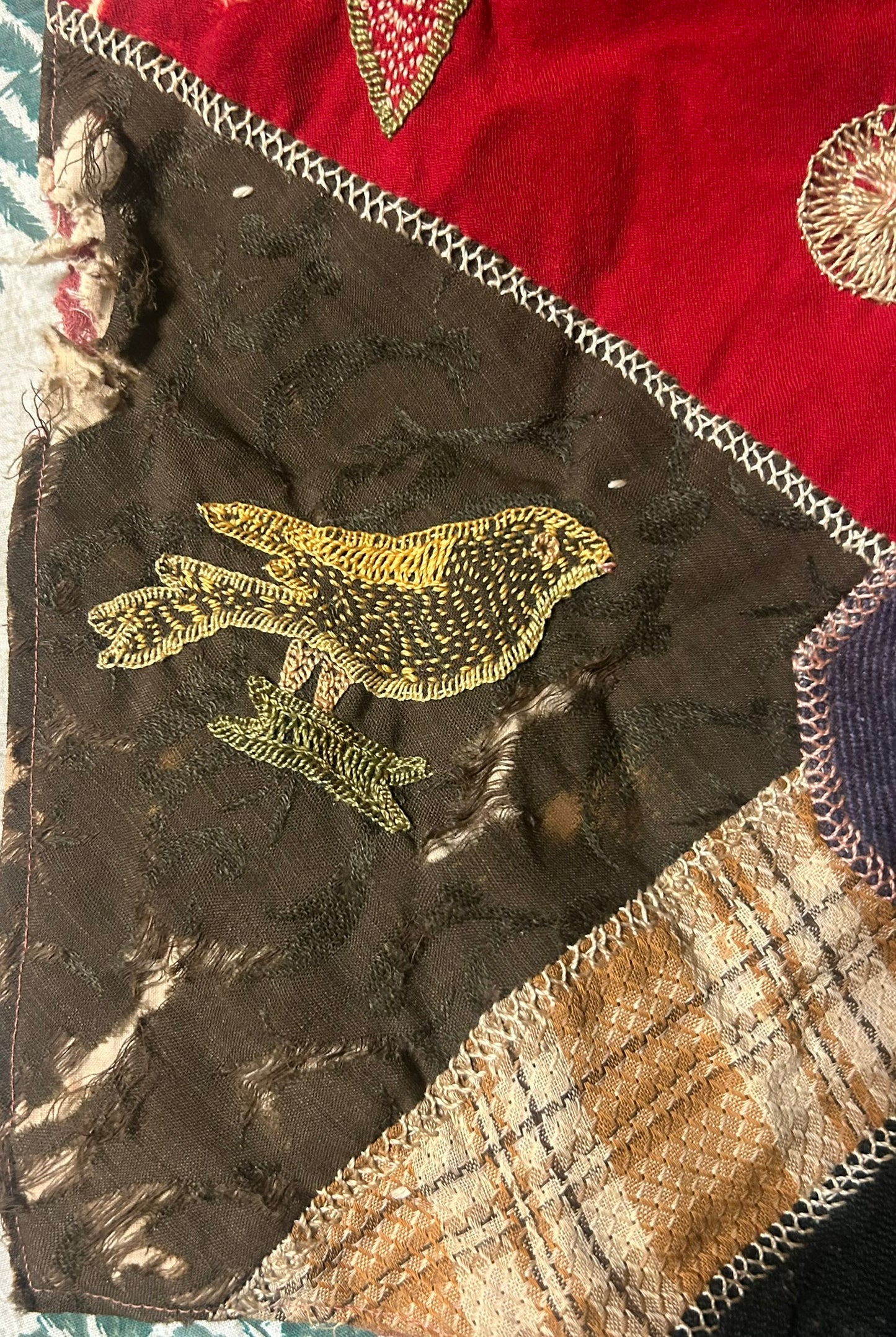 FOLK ART ANTIQUE CRAZY QUILT WITH FANTASTIC FIGURAL SQUARES