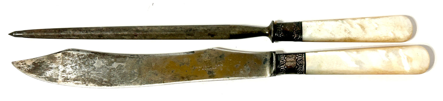 ANTIQUE STERLING AND MOTHER OF PEARL HANDLED KNIFE AND SHARPENER