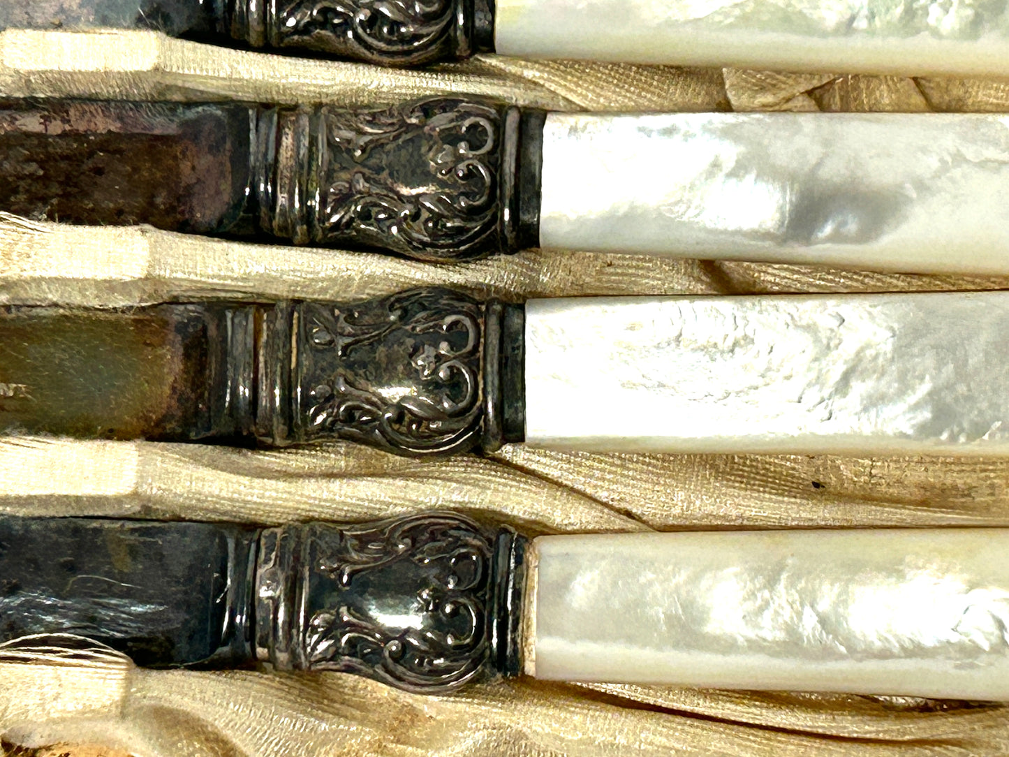 ANTIQUE STERLING AND MOTHER OF PEARL HANDLE SET FRUIT KNIVES