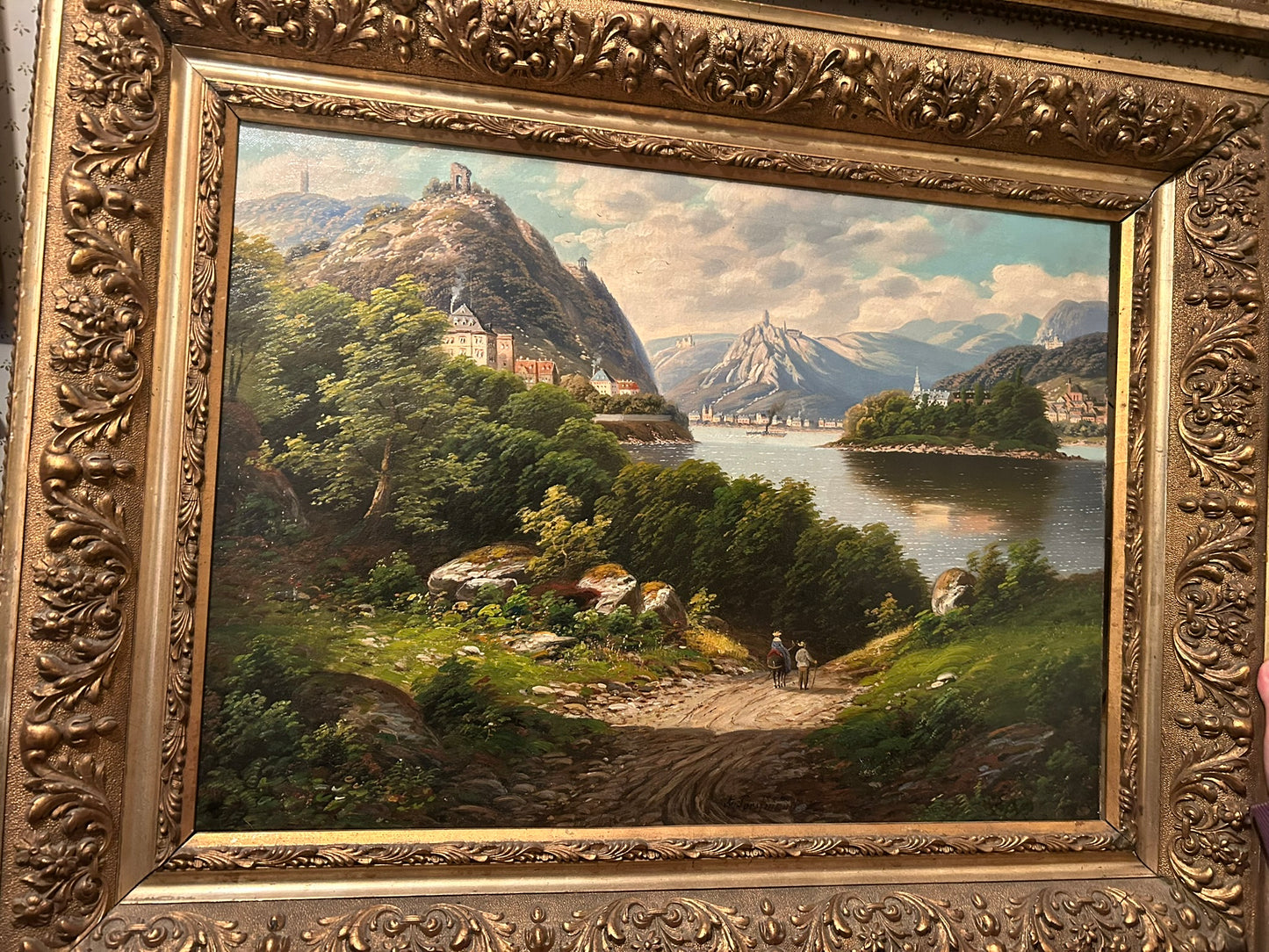 ARNOLD FORSTMANN 1842-1914 PAINTING OF MOUNTAINS AND LAKE WITH PEOPLE