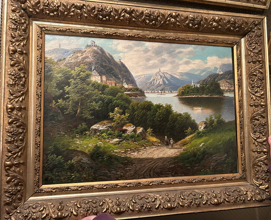 ARNOLD FORSTMANN 1842-1914 PAINTING OF MOUNTAINS AND LAKE WITH PEOPLE