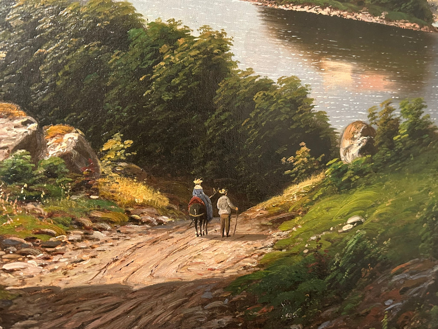 ARNOLD FORSTMANN 1842-1914 PAINTING OF MOUNTAINS AND LAKE WITH PEOPLE