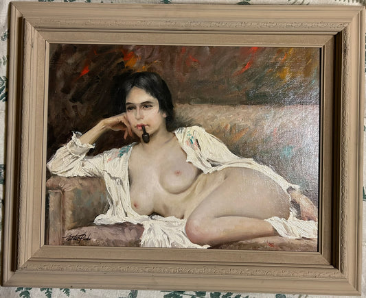 WALTER PARKE PAINTING OF NUDE WOMAN SMOKING PIPE