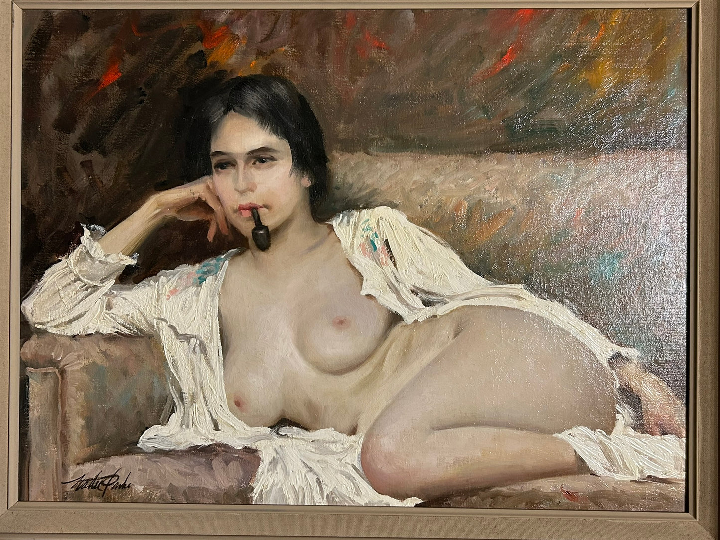 WALTER PARKE PAINTING OF NUDE WOMAN SMOKING PIPE