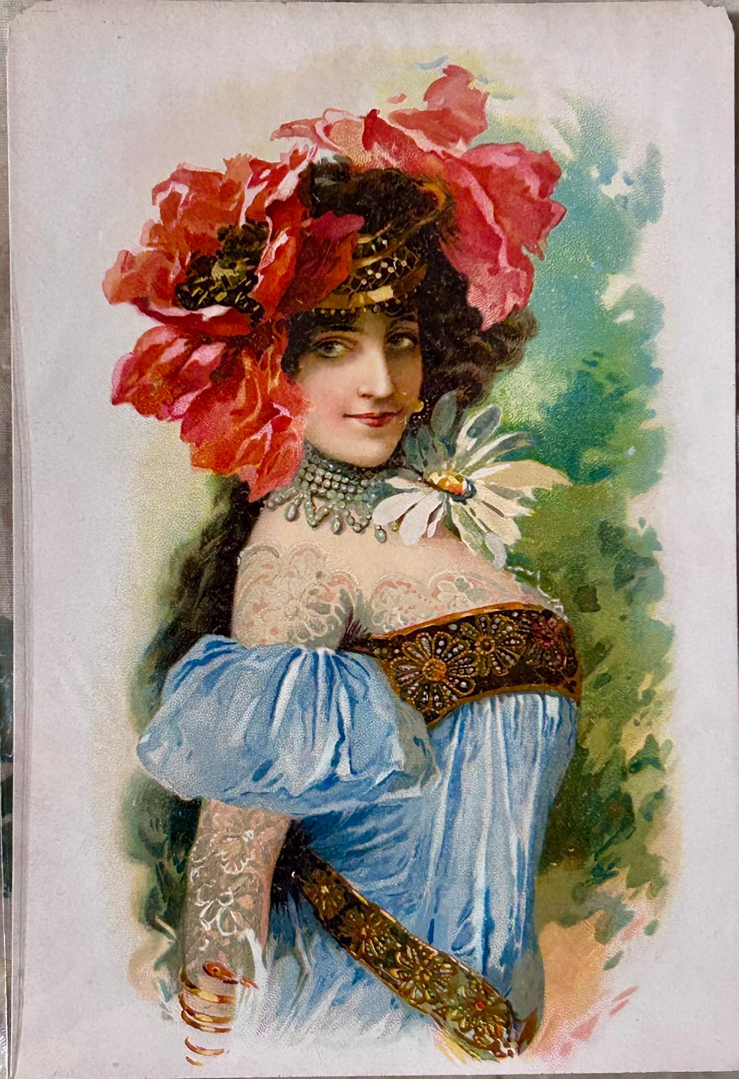 ANTIQUE PRINTS OF WOMEN WEARING LARGE FLOWERS EARLY 1900'S