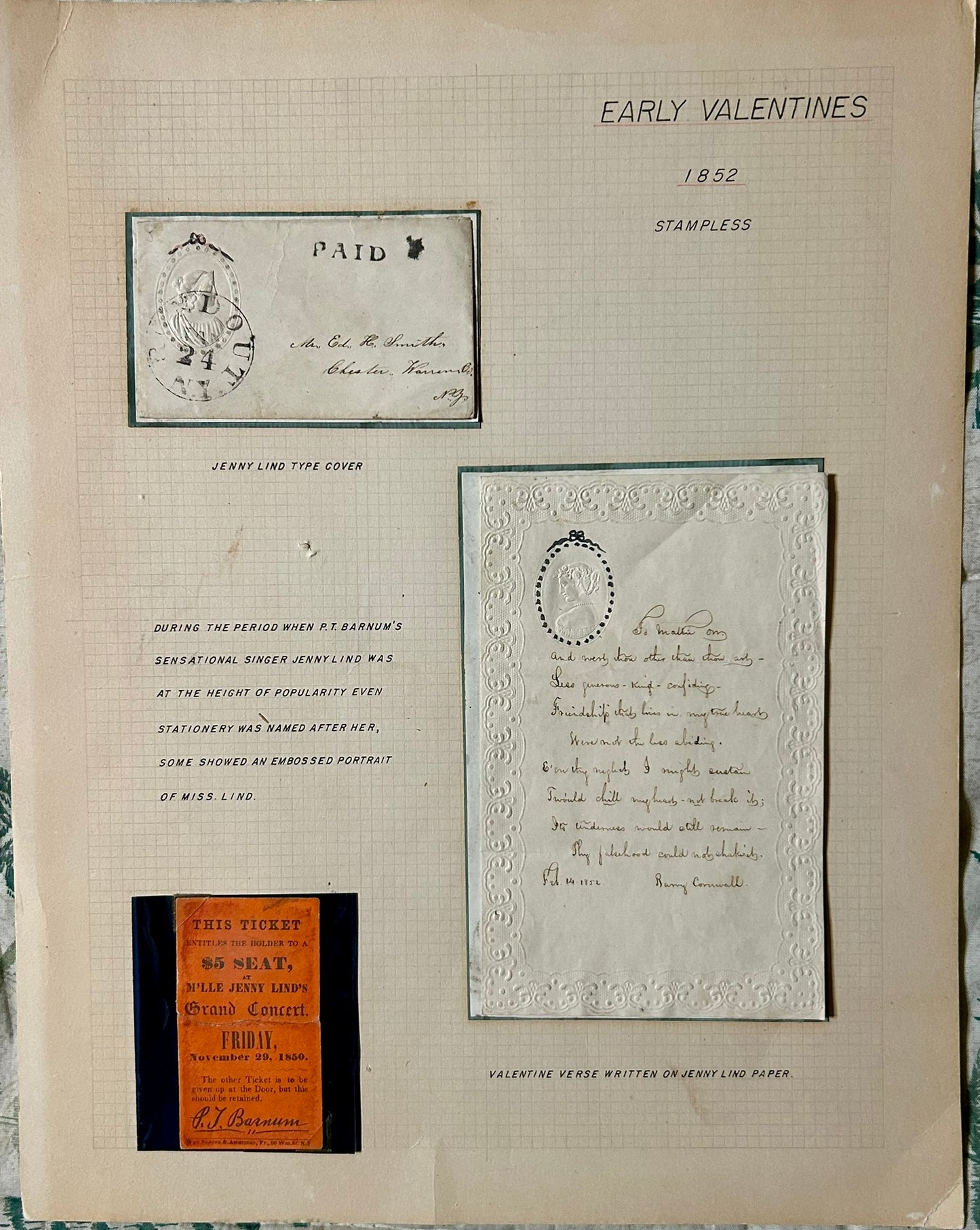 JENNY LIND ANTIQUE 1850 MEMORABILIA-TICKET, PORTRAIT & STATIONERY