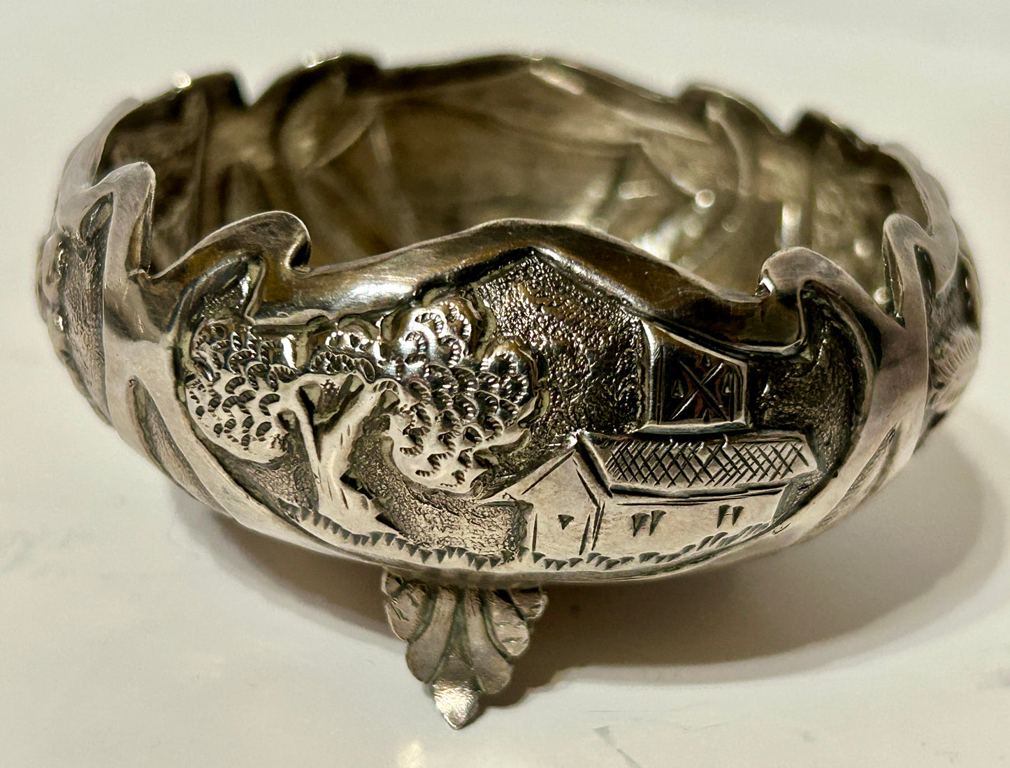 SILVER ANTIQUE SMALL PLATE AND SALT BOWL WITH FANCY DESIGNS