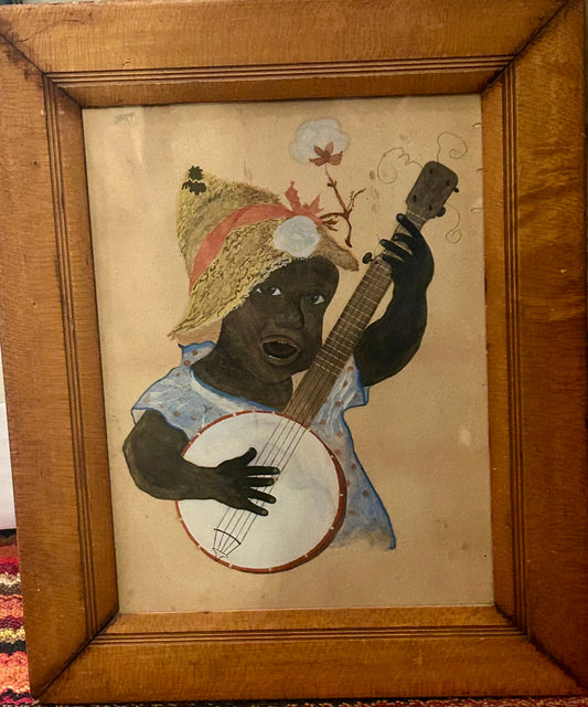 FOLK ART ANTIQUE PAINTING OF CHILD PLAYING BANJO