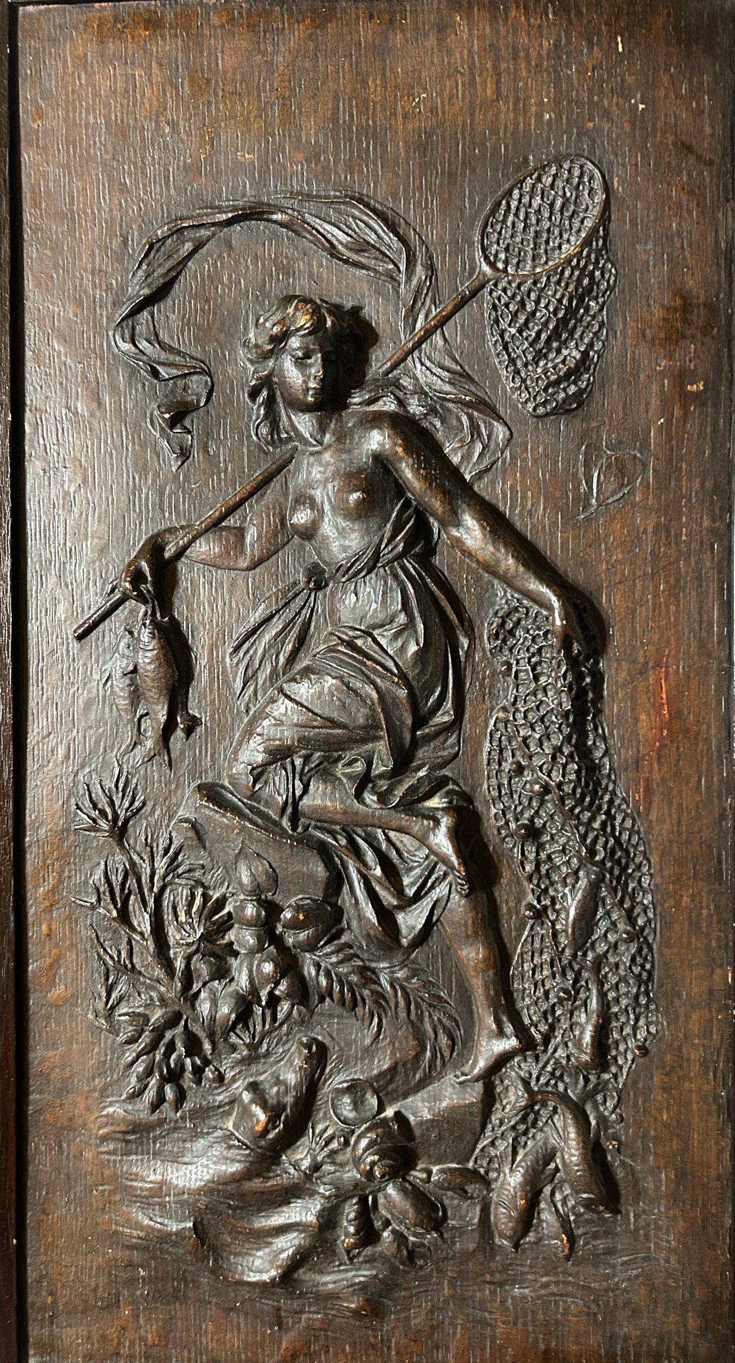 ANTIQUE CARVED WOOD CLASSICAL PLAQUES OF WOMEN HUNTING AND FISHING