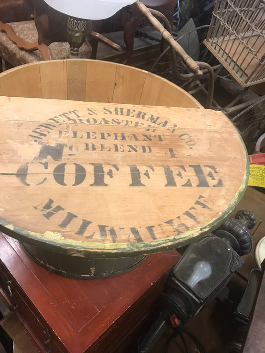 ELEPHANT BLEND COFFEE ANTIQUE GREEN PAINTED WOOD PAIL STORE  DISPLAY