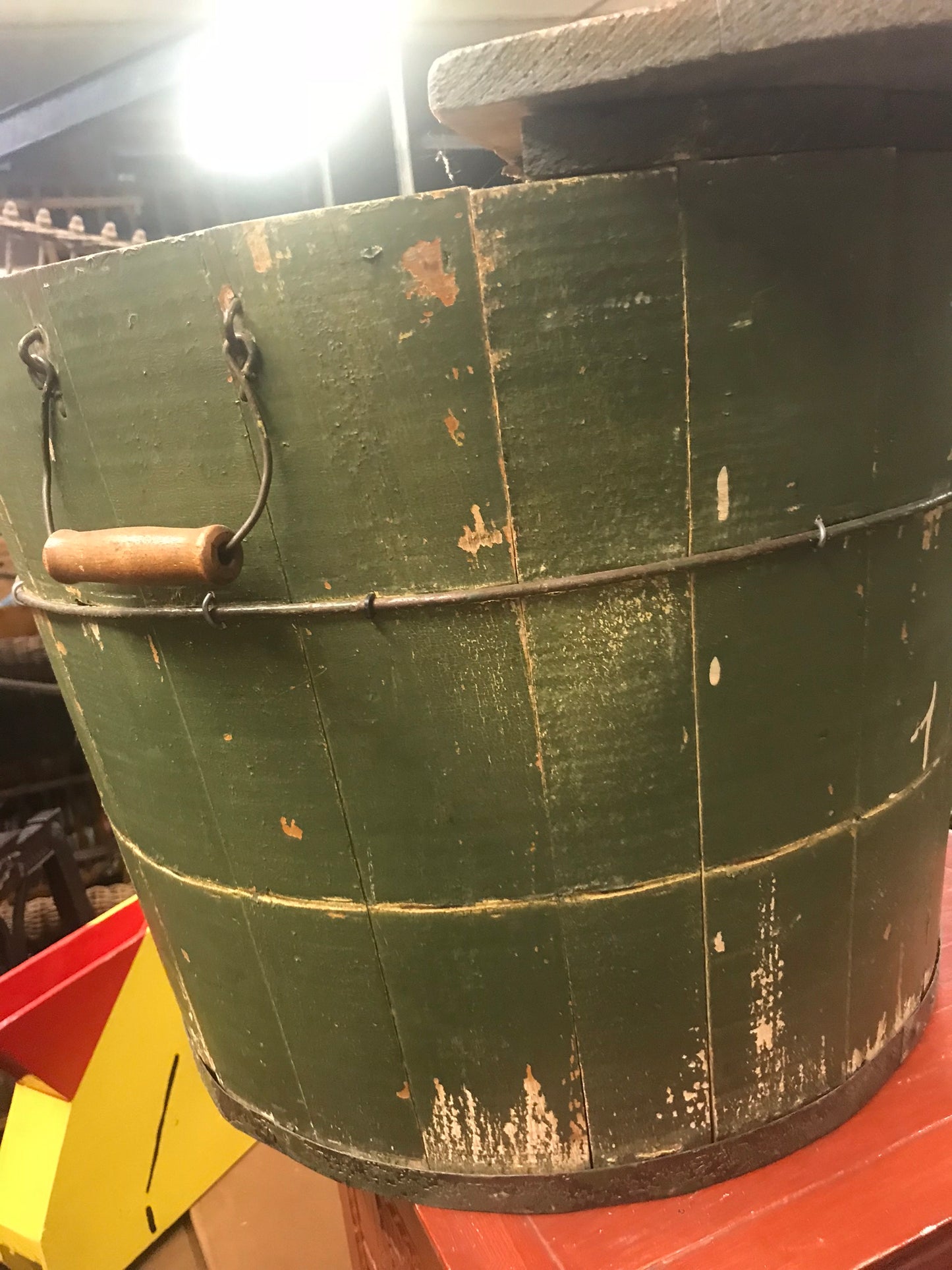 ELEPHANT BLEND COFFEE ANTIQUE GREEN PAINTED WOOD PAIL STORE DISPLAY