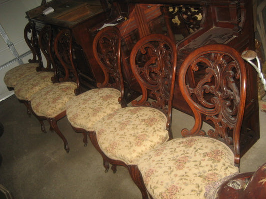 SET OF SIX FANCY LAMINATED 1860's CARVED CHAIRS