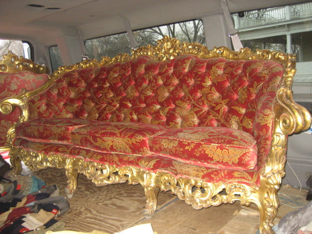 Late 1800s carved gilt sofa and pair of chairs