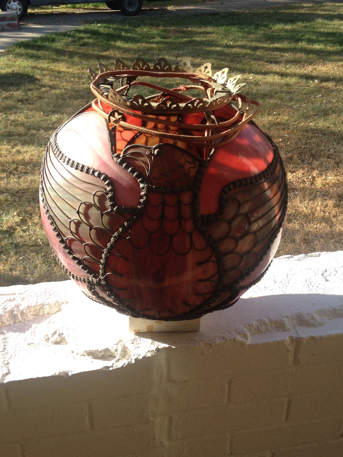 ANTIQUE STAINED GLASS BALL SHAPE LEADED GLASS EAGLE DESIGN HANGING LAMP. RARE