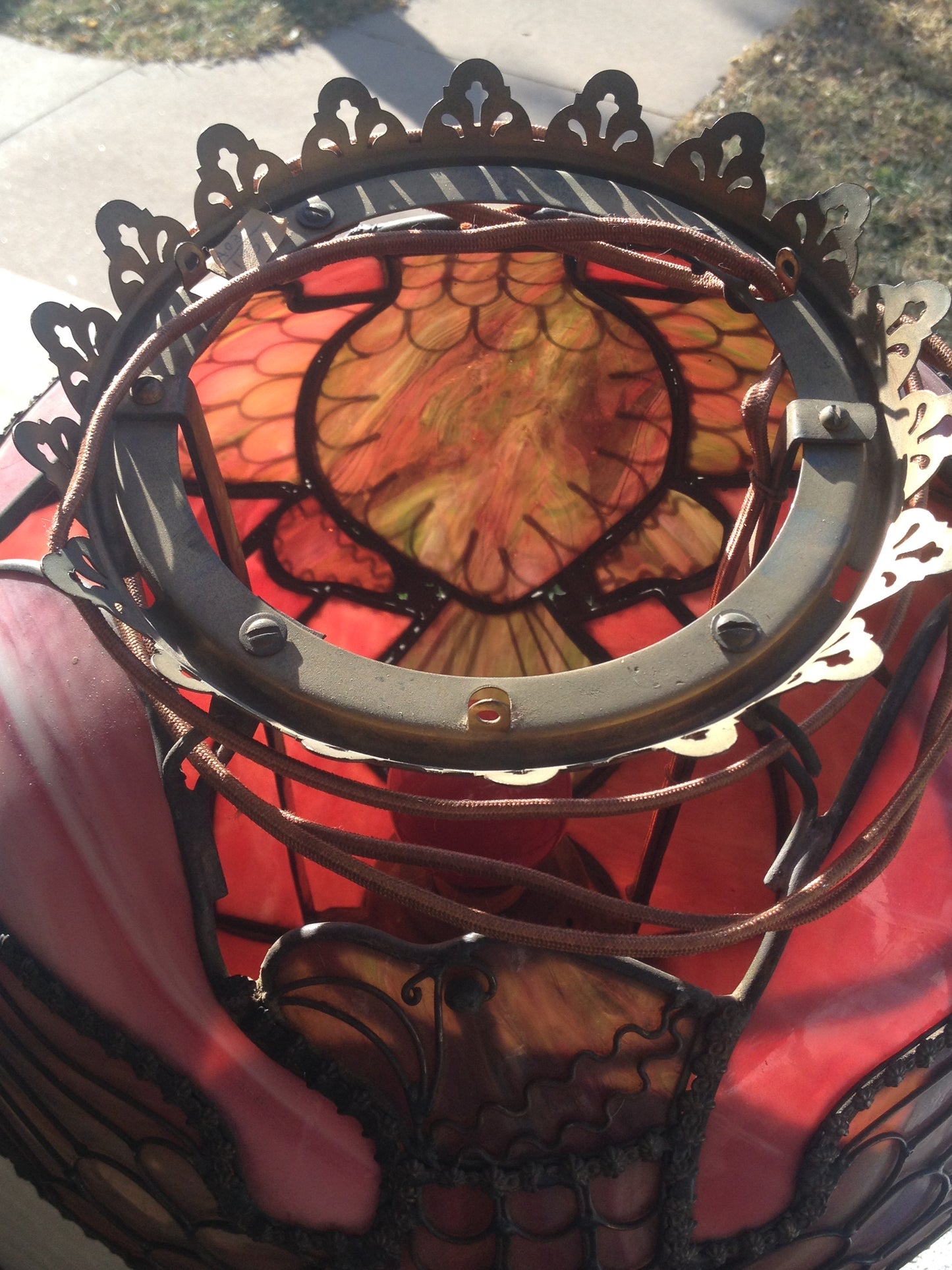 ANTIQUE STAINED GLASS BALL SHAPE LEADED GLASS EAGLE DESIGN HANGING LAMP. RARE