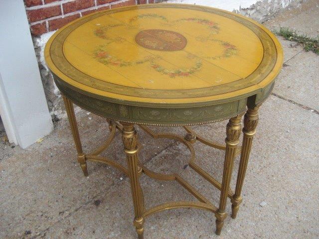 PAIR OF HALF ROUND PAINT DECORATED TABLES