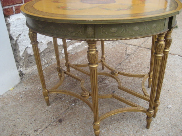 PAIR OF HALF ROUND PAINT DECORATED TABLES