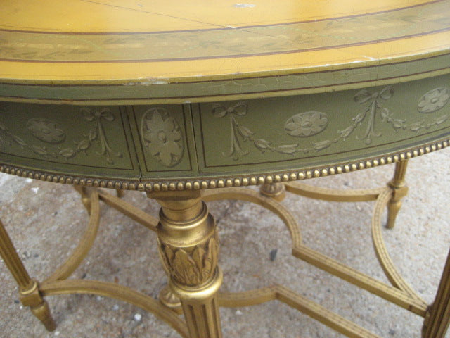 PAIR OF HALF ROUND PAINT DECORATED TABLES