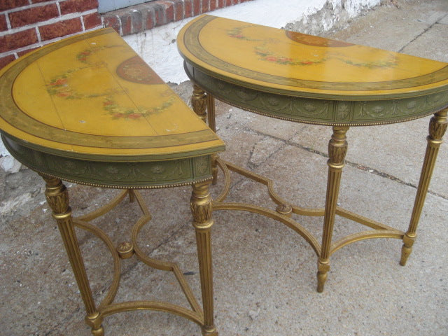 PAIR OF HALF ROUND PAINT DECORATED TABLES