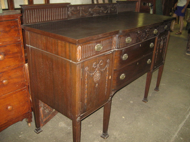 ANTIQUE MAHOGANY DINING ROOM SET WITH FANCY  ROUND TABLE WITH LEAVES, BUFFET AND EIGHT CHAIRS