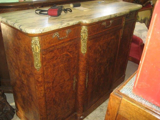 LATE 1800'S ANTIQUE MARBLE TOP BURL SIDEBOARD