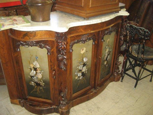 ANTIQUE MARBLE TOP SIDEBOARD WITH INLAID DOORS