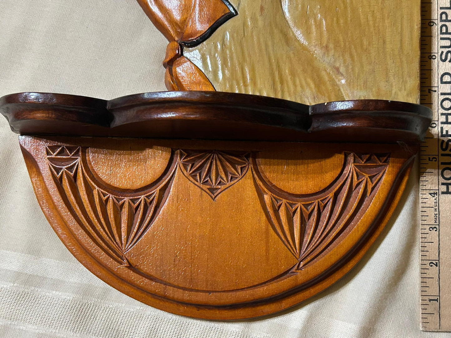 FOLK ART CARVED WOMANS HEAD SHELF DATED 1933