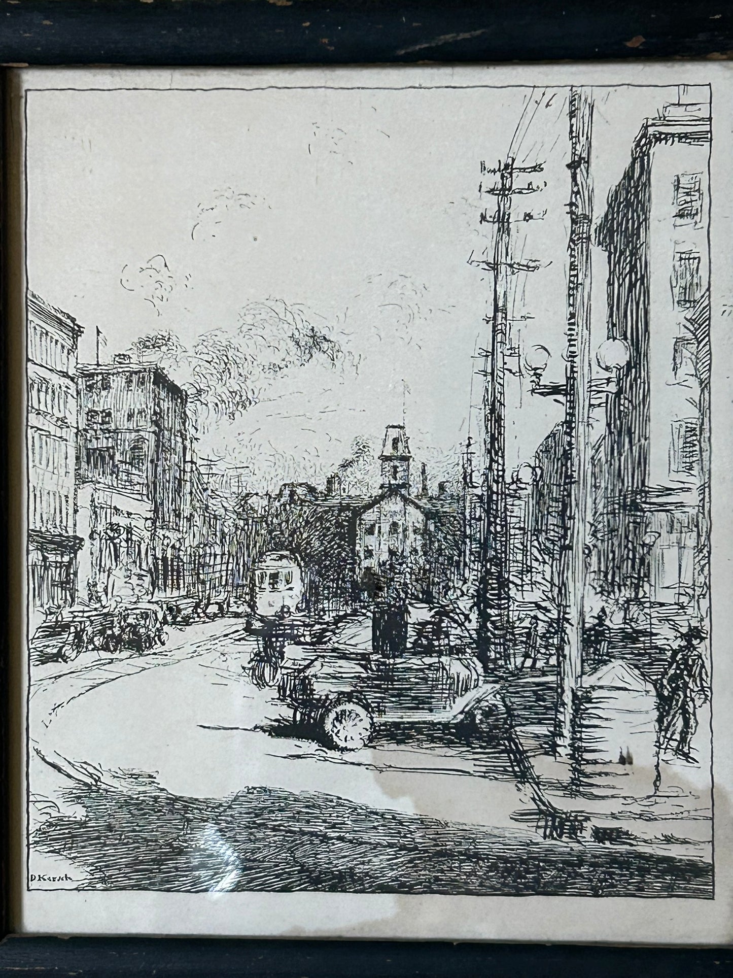 NEBRASKA ARTIST DWIGHT KIRSCH PEN AND INK DRAWING OF DOWNTOWN SCENE