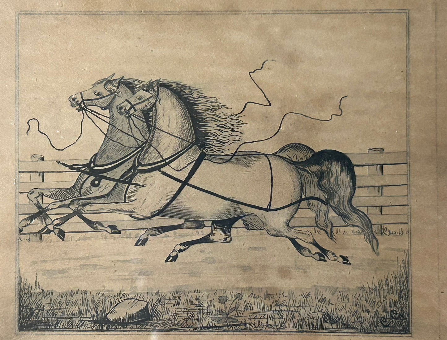 FOLK ART ANTIQUE 18OO'S PEN AND INK DRAWING OF PAIR OF RACING HORSES